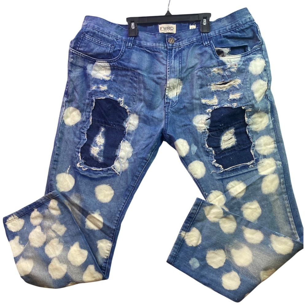 FWDR Denim Jeans Mens 44x32 Bleached Distressed Ripped Thrashed Baggy Y2K Grunge